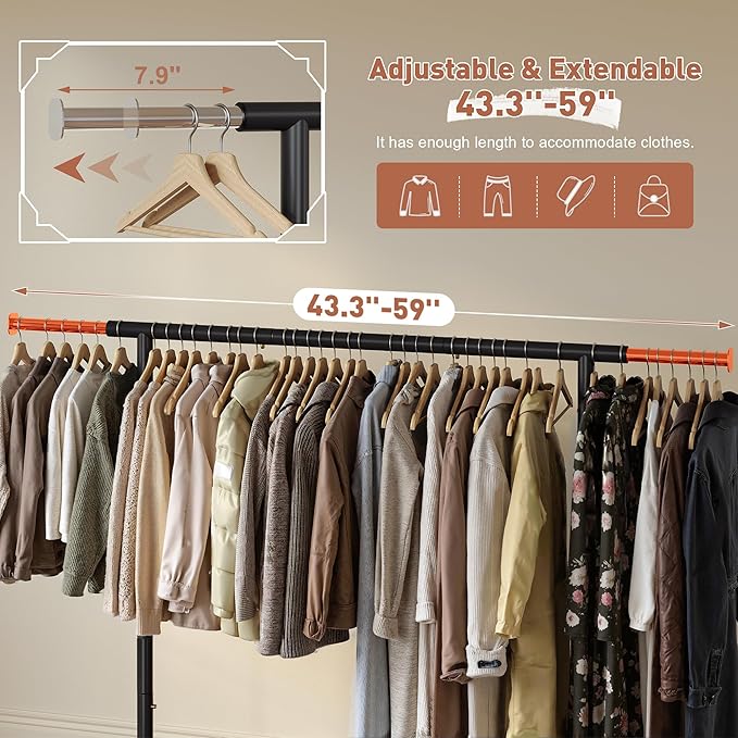 Raybee Clothing Rack for Hanging Clothes, Rolling Clothes Rack Load 250LBS, Metal Clothes Racks, Garment Rack with Wheels Portable, Black