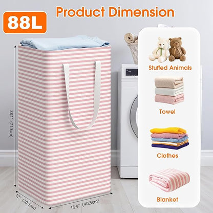 3 Pack Large Laundry Basket,Waterproof & Freestanding Laundry Hamper,Collapsible Clothes Hampers with Easy Carry Long & Reinforced Handles in Bathroom,College Dorm(88Lx3,Pink)
