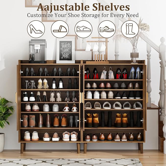 Shoe Cabinet with Doors, 6-Tier Shoe Storage Cabinet with Adjustable Shelves,Freestanding Shoes Rack Shoe Storage Organizer for Entryway, Hallway, Closet (Walnut)