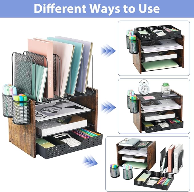AUPSEN Desk Organizer Shelf, 4-Tier Mesh Wood Desktop Bookshelf File Organizer with 5 Vertical File Holders, Storage Drawer & 2 Pen Holders, Office Supplies Storage for Workspace Organizers