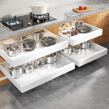 Seinloes 4 Pack Expandable Width (15.15"-26.3") Pull Out Cabinet Organizer 21" Deep with Raising Pad for Framed Cabinets, Upgrade 3 Slide Rails Slide Out Drawers, Roll Out Shelves Adhesive, White