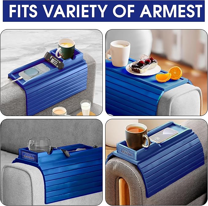 Couch Cup Holder Tray with 2 Cork Coasters, Couch Arm Tray, 2 in 1 Anti-Slip Foldable Sofa Arm Tray, Couch Armrest Table, Anti-Spill Couch Arm Table for Drinks TV Remote Cellphone Snacks (Blue)