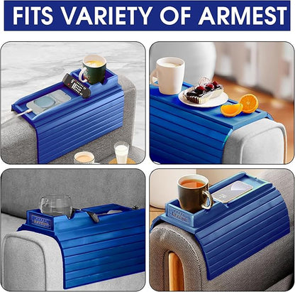 Couch Cup Holder Tray with 2 Cork Coasters, Couch Arm Tray, 2 in 1 Anti-Slip Foldable Sofa Arm Tray, Couch Armrest Table, Anti-Spill Couch Arm Table for Drinks TV Remote Cellphone Snacks (Blue)