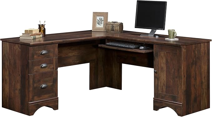 Sauder Harbor View L Shaped Computer Desk Home Office with File Cabinet Storage Drawer, Cable Management, Keyboard Tray, in Curado Cherry finish