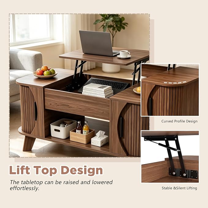 Lift Top Coffee Table with Storage, Wood Tabletop Center Table with Large Storage Shelf, Mid Century Modern Coffee Table for Living Room
