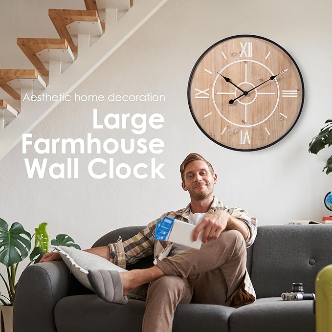 Large Decorative Wall Clock 24 & 30 Inch – Vintage Industrial Farmhouse Modern Style – Iron & Wood, Silent Non-Ticking Quartz, Roman Numerals – Battery Operated