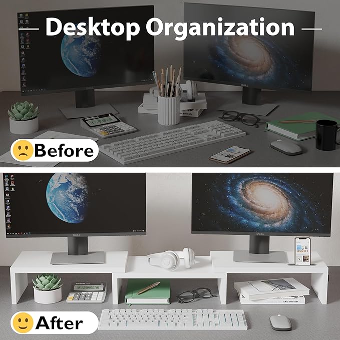 BONTEC Dual Monitor Stand Riser, Adjustable Length & Swivel Angle, Ergonomic Wooden Desktop Organizer with Smartphone Holder, Computer Monitor Stand for PC Monitor, Laptop, Printer, Large Storage