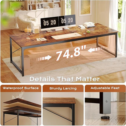 PRAISUN 78.7 X 29.5 Inch Computer Desk with Deeper Desktop, Long Gaming Office Writing Work Desk for Home Office, Study, Bedroom, Work from Home, Metal Frame, Rustic Brown