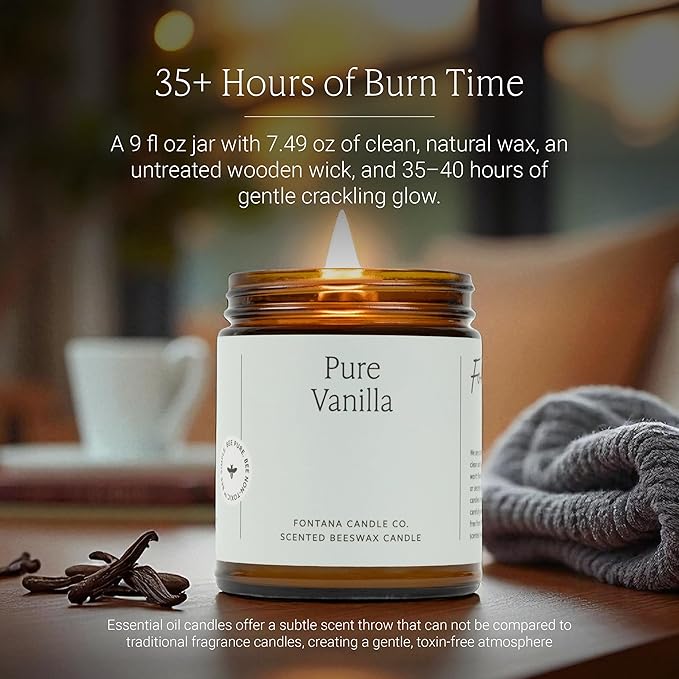 Fontana Candle Co Wood Wick Beeswax Jar Candles, Pure Vanilla - Made with Coconut Oil & Pure Essential Oils – Clean Burn, Long Lasting and Non-Toxic Candles for Home & Room Decor