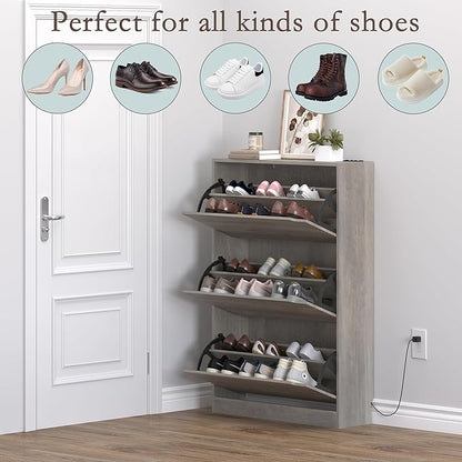 BORNOON Shoe Cabinet with Odor Control and Back Panels, Deodorizing Slim 3-Flip Shoe Storage Cabinet for Entryway, Freestanding Hidden Shoe Rack Organizer for Entrance, Hallway, Bedroom