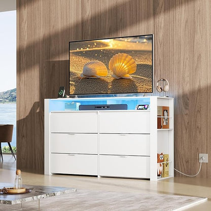 WLIVE 6 Drawer Led Dresser for Bedroom, 51" White Wood Dresser Storage Organizer with Charging Station for 55" TV, Dressers with Open Shelves, Hanging Rack, Chest of Drawers for Closet, Living Room