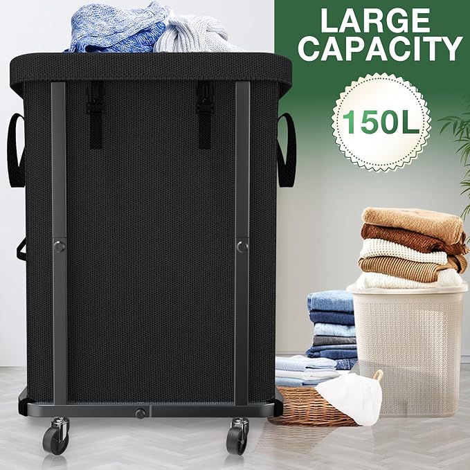 40 Gal(150L) Laundry Basket with Lid, Rolling Laundry Hamper with Wheels, Dirty Clothes Hamper with Metal Frame and Removable Bag Design, Suitable for Laundry Room, Bedroom - Black