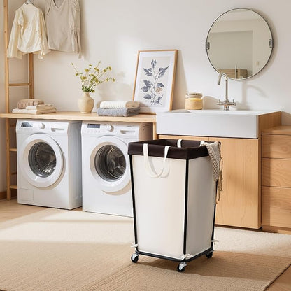 Cupic Cupid Laundry Hamper with Wheels, Rolling Laundry Basket, Dirty Clothes Cart for Laundry Room Organization and Storage, Bathroom, Bedroom, Beige