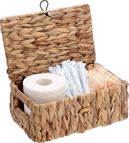 Sumnacon Storage Basket with Lid, Water Hyacinth Shelf Baskets for Organizing, Farmhouse Bathroom Woven Bins for Tampons and Pads, Toilet Paper, Towels,Decorative Organizer Box for Counter, Vanity (S)