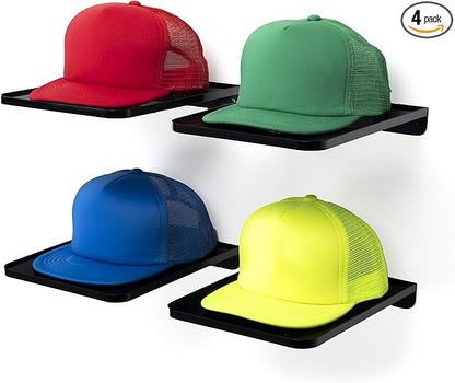 Boxy Concepts Hat Rack for Wall - Pack of 4, Black - Quick 3M Tape & Nail Mount - Showcase Collection, Baseball Cap Display Shelves - Flexible Layout Options, Racks For Caps