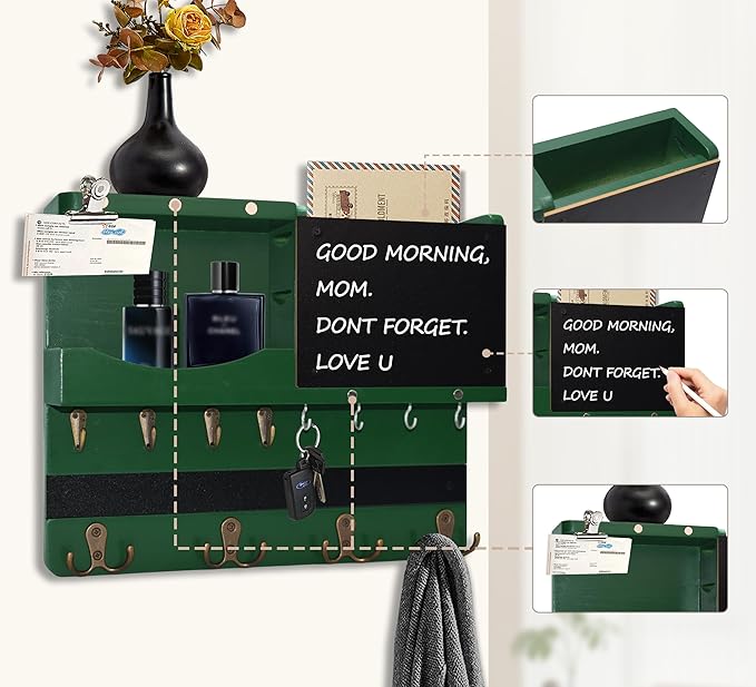 Key Holder for Wall Mount with Shelf and Mail Organizer, Key and Mail Holder with 16 Hooks, Farmhouse Entryway Organizer, Home Decor Rack (Pine Wood,Green)
