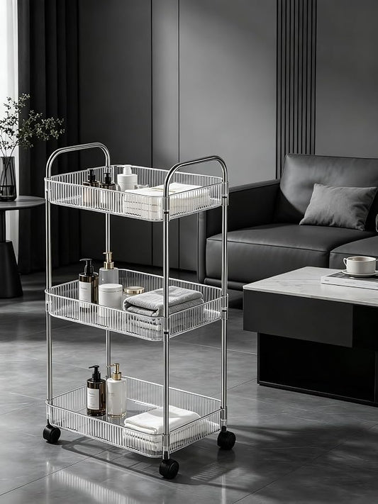 Sooyee Clear 3-Tier Plastic Rolling Utility Cart with Wheels, Multi-Functional Storage Trolley for Office, Living Room, Kitchen, Movable Storage Organizer with Wheels