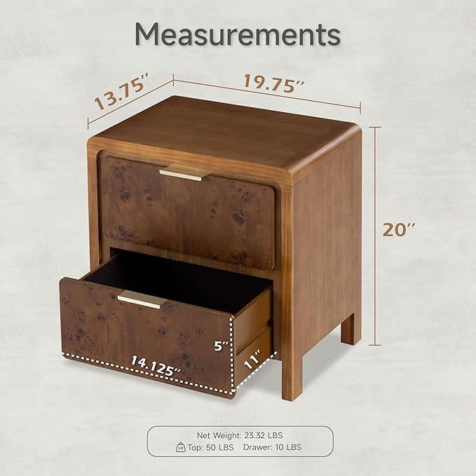COZAYH Farmhouse Nightstand Set of 2 with 2 Drawer, Distressed Wood Rustic Accent Bedside Table, Burl Finish Side Table for Bedroom, Entryway, Fully Assembled, Brown