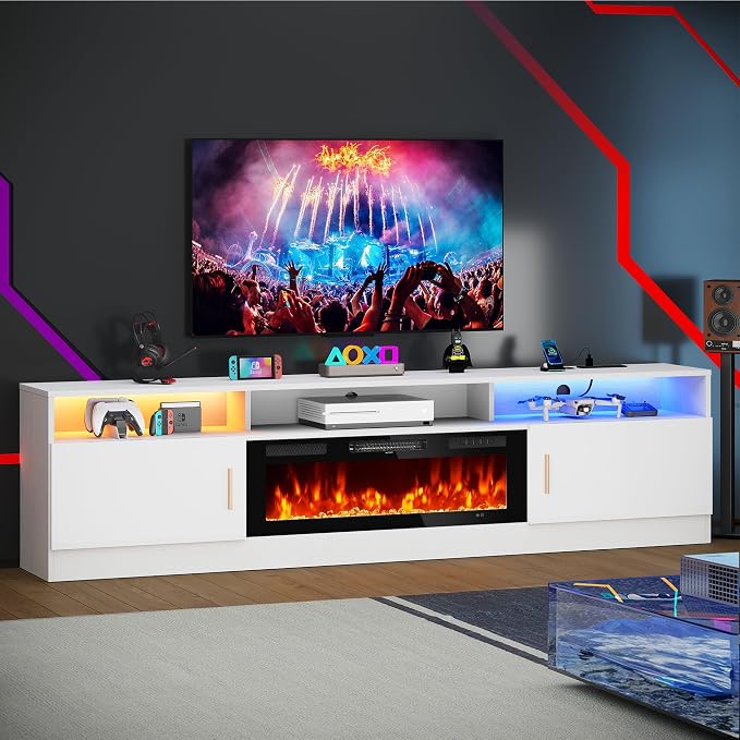 MXV 78" Fireplace TV Stand with Power Outlet for TVs UP to 90", Electric Fireplace Entertainment Center with LED Lights & Storage Cabinets, TV Console for Living Room, Office, White-Black