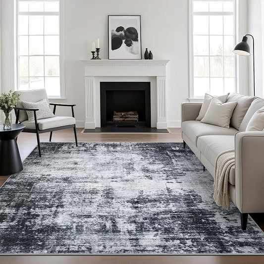 5x5 Area Rug Living Room Rug: Washable Modern Abstract Soft Thin Rug Indoor Floor No Slip Stain Resistant Carpet for Bedroom Dining Room Farmhouse Nursery Home Office - Dark Black
