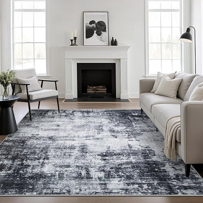 6x6 Area Rug Living Room Rug: Washable Modern Abstract Soft Thin Rug Indoor Floor No Slip Stain Resistant Carpet for Bedroom Dining Room Farmhouse Nursery Home Office - Dark Black