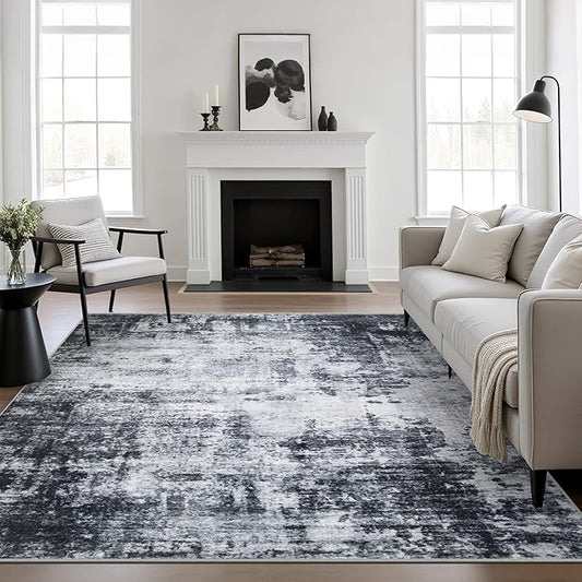 4x4 Area Rug Living Room Rug: Washable Modern Abstract Soft Thin Rug Indoor Floor No Slip Stain Resistant Carpet for Bedroom Dining Room Farmhouse Nursery Home Office - Dark Black