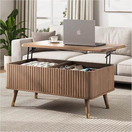 JOINICE Lift Top Coffee Table with Storage, Mid Century Modern Fluted Wood Design,Pop-Up Walnut Center Table with Hidden Compartment for Living Room & Home Office Work/Dining