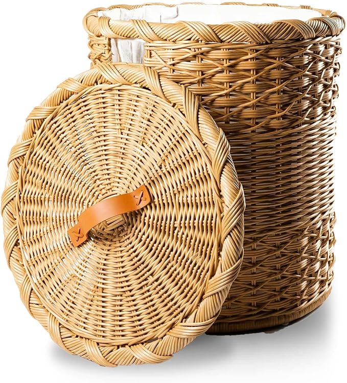 The Basket Lady Round Wicker Hamper | Wicker Laundry Hamper Nested Set of 2 Sandstone