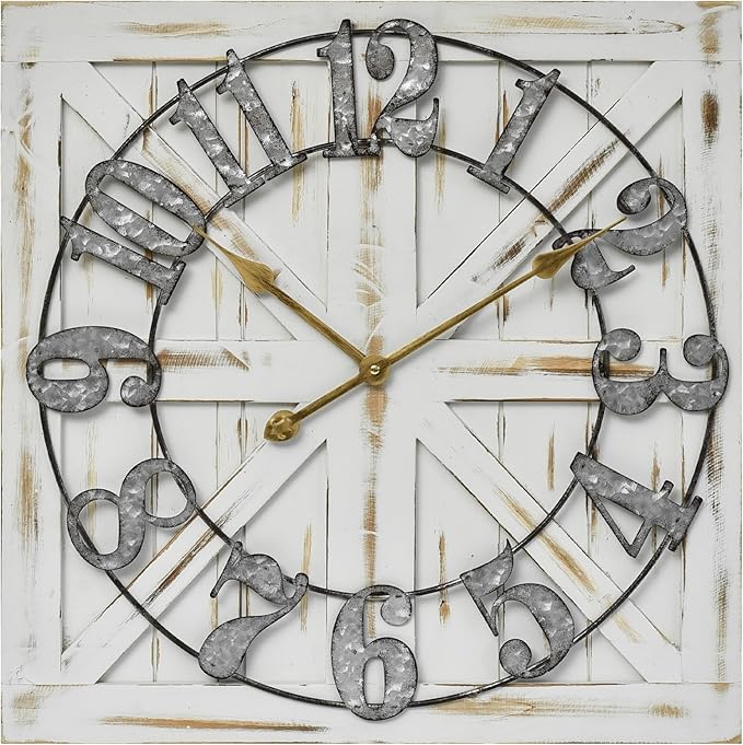 Large Farmhouse Wall Clock – 24 Inch White Square Rustic Wooden Clock with Decorative Reversible Wooden Sign, Perfect for Any Space and Ideal Gift
