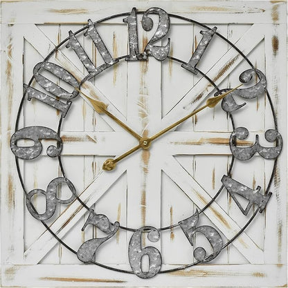 Large Farmhouse Wall Clock – 24 Inch White Square Rustic Wooden Clock with Decorative Reversible Wooden Sign, Perfect for Any Space and Ideal Gift