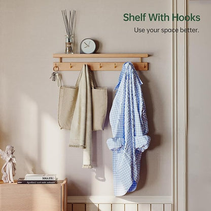 Solid Wood Wall Hooks with Shelf, Coat Rack Wall Mount, Entryway Hanging Shelf with 7 Brass Hooks for Hats, Clothes, Towels, Bags, Beech Wood, Natural