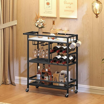 Bar Cart for Home, 3-Tier Serving Cart with Wheels and Handle, Beverage Cart with Wine Rack and Glass Holders, Rolling Wine Cart for Kitchen, Dining Room, Marble and Black RCHM6101