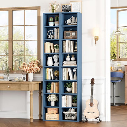 FOTOSOK 2 Pcs 71'' Tall Narrow Bookshelf, 8-Tier Media Tower Rack Set of 2, CD DVD Storage Cabinet with Adjustable Shelves, Tall Narrow Bookcase Skinny Display Bookshelf Slim Shelf, Blue