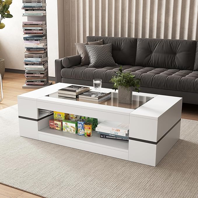 HedoAjim 47.2" Modern Stylish Coffee Table with Glass Table Top, Large Living Room Table Rectangular 2-Tier Center Tables with Storage, Wooden Tea Tables for Dining Reception Room, White