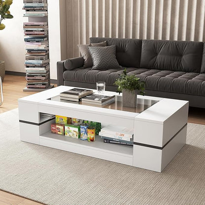 HedoAjim 47.2" Modern Stylish Coffee Table with Glass Table Top, Large Living Room Table Rectangular 2-Tier Center Tables with Storage, Wooden Tea Tables for Dining Reception Room, White