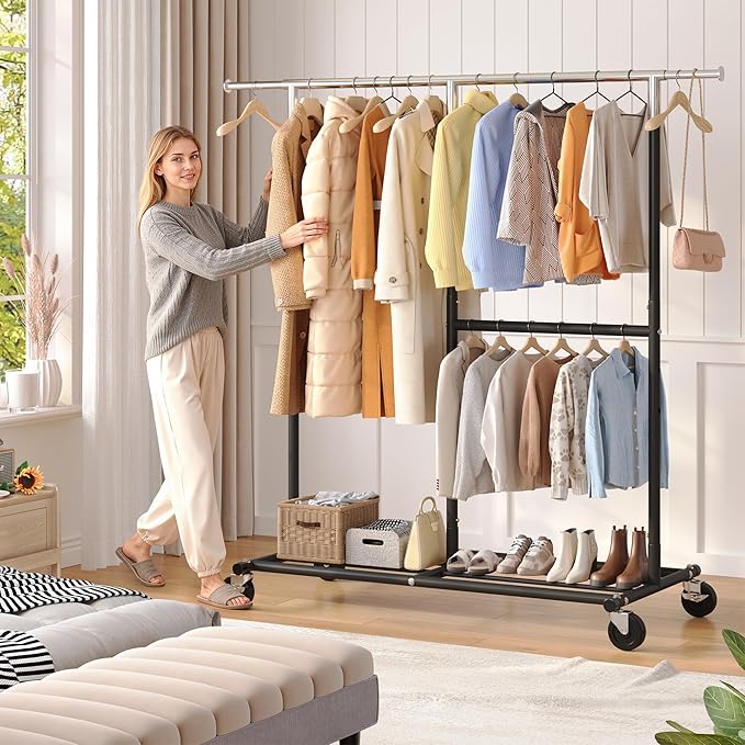 Raybee Clothes Rack Heavy Duty 450LBS, Clothing Racks for Hanging Clothes 200+, Metal Clothing Rack with Wheels, Rolling Commercial Garment Rack Portable, Black