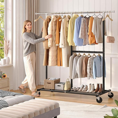 Raybee Clothes Rack Heavy Duty 450LBS, Clothing Racks for Hanging Clothes 200+, Metal Clothing Rack with Wheels, Rolling Commercial Garment Rack Portable, Black