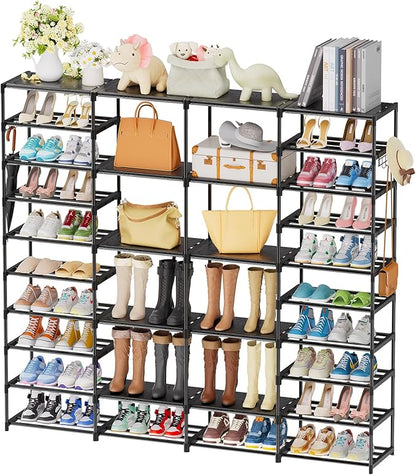 Large Shoe Rack Organizer for Entryway Closet 72-80 Pairs 10-Tier Heavy Duty Tall Garage Shoe Rack Shoe Shelf Shoes Storage with Removable Side Hooks for Bedroom and Garage, Black