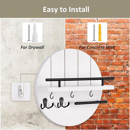 Nekon Rustic Wall Mount Key Organizer, 11.8 Inch Rack with Shelf and 6 Hooks, Circular Wooden Key Hanger for Entryway Hallway Kitchen (White)