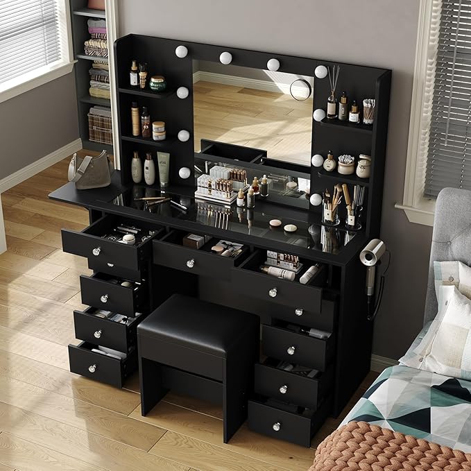Vanity Desk with Power Outlet, Makeup Table with Mirror and 12 LED Lights, 3 Color Lighting Modes, 11 Drawers Makeup Vanity with 4 Shelves, Fold-up Panel, Vanity Set for Bedroom, Black