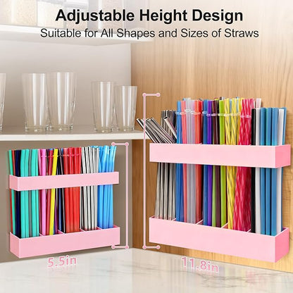 9.5” Large Acrylic Straw Holder for Cabinet Door, Reusable Adjustable Two-Part Straws Organizer with Ultra Sticky Adhesive Strips, 2026 Straw Storage for Kitchen Cupboard (Rose Stone)