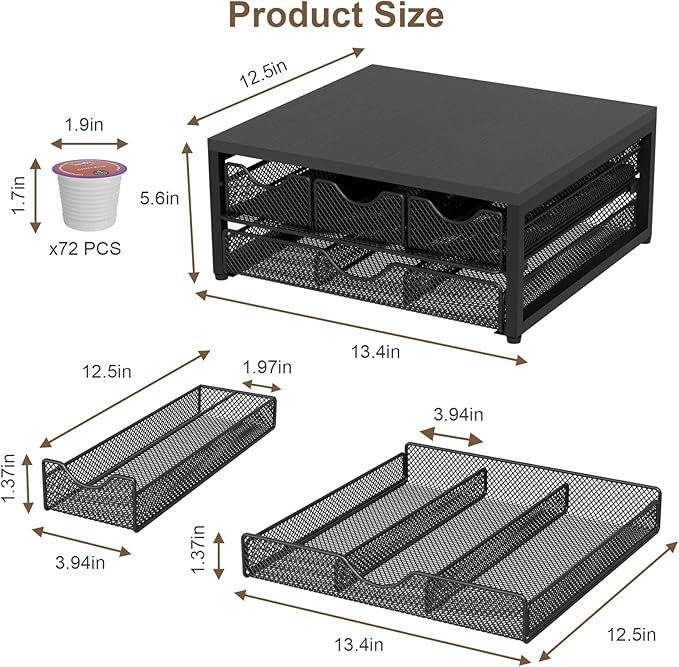 Coffee Pod Holder For Counter, 3 Pull-Out 72 K-Cup Holder Drawer, Wooden Cafe Pods Storage Organizer with Sliding Drawers for Coffee Station, Home, Kitchen, Office, Dorm (Black)