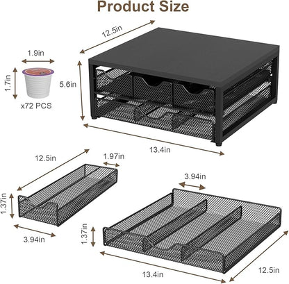 Coffee Pod Holder For Counter, 3 Pull-Out 72 K-Cup Holder Drawer, Wooden Cafe Pods Storage Organizer with Sliding Drawers for Coffee Station, Home, Kitchen, Office, Dorm (Black)