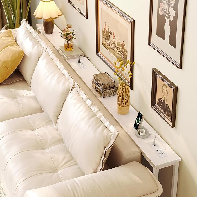 Huuger 102.4 Inch Sofa Table with Power Outlets, 23.9’’-34.4’’ Height Adjustable Range, Behind Couch Table with USB-C Ports, Sofa Tables Narrow Long, Skinny Console Table, for Small Spaces, White