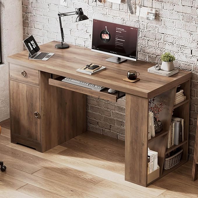 HSH 55 Inch Executive Office Desk with Drawers, Farmhouse Computer Desk with Keyboard Tray and Storage, Rustic Wood Work Study Writing Pc Table Studio Desks Home Workstation with Shelves and Cabinet