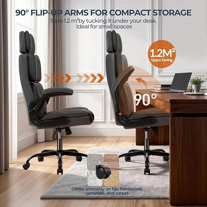 Office Chair with Adjustable Headrest, Faux Leather Executive Home Office Desk Chairs with Ergonomic Back Support, Padded Flip-Up Armrests, Swivel Rolling Computer Chair for Work, Study, Gray