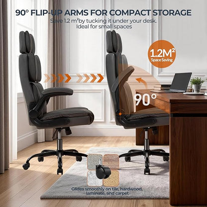Office Chair with Adjustable Headrest, Faux Leather Executive Home Office Desk Chairs with Ergonomic Back Support, Padded Flip-Up Armrests, Swivel Rolling Computer Chair for Work, Study, Gray
