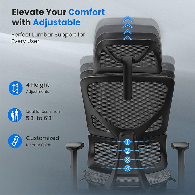 OdinLake L1 Ergo Upgrade 518 Black Ergonomic Mesh Office Chair – Big & Tall 350lbs, Dynamic Lumbar Support, Adjustable Height, Seat Depth, Headrest, Armrests, BIFMA Certified Desk Chair