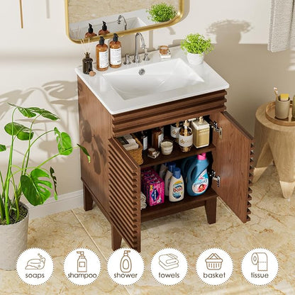 ROOMTEC 24" Walnut Modern Freestanding Bathroom Vanity Sink with Storage, 2 Levels, 2 Compartments, Undermount Ceramic Sink