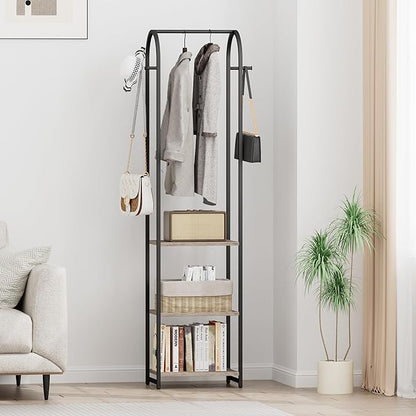 Garment Rack, Coat Rack With 3 Shelves and 4 Hooks, 71" H Clothes Stand For Hanging Clothes, Hanging Rod For for Bedroom, Hallway, Entryway, Office, Living Room, Greige and Black